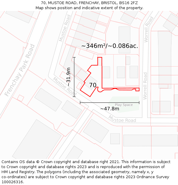 70, MUSTOE ROAD, FRENCHAY, BRISTOL, BS16 2FZ: Plot and title map