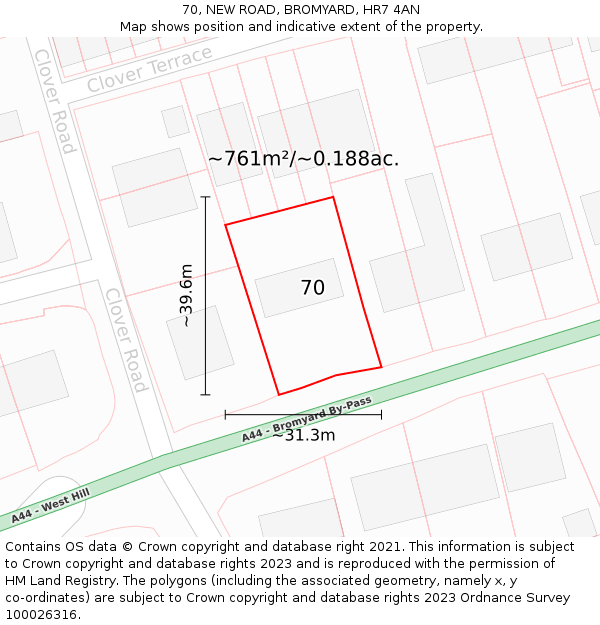 70, NEW ROAD, BROMYARD, HR7 4AN: Plot and title map