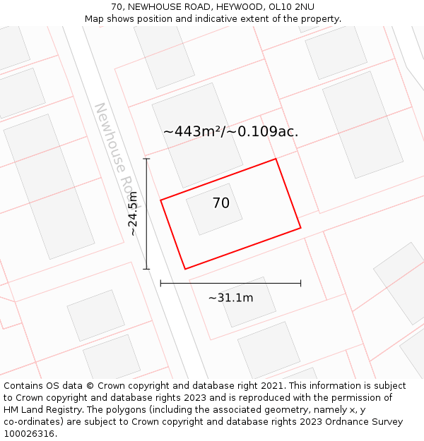 70, NEWHOUSE ROAD, HEYWOOD, OL10 2NU: Plot and title map