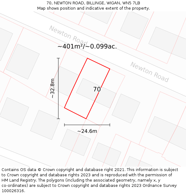 70, NEWTON ROAD, BILLINGE, WIGAN, WN5 7LB: Plot and title map