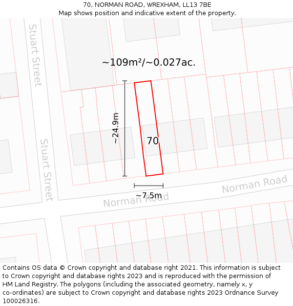 70, NORMAN ROAD, WREXHAM, LL13 7BE: Plot and title map