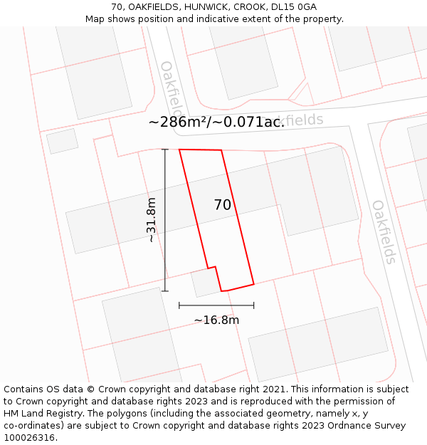 70, OAKFIELDS, HUNWICK, CROOK, DL15 0GA: Plot and title map