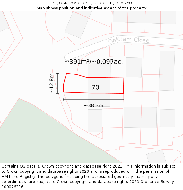 70, OAKHAM CLOSE, REDDITCH, B98 7YQ: Plot and title map