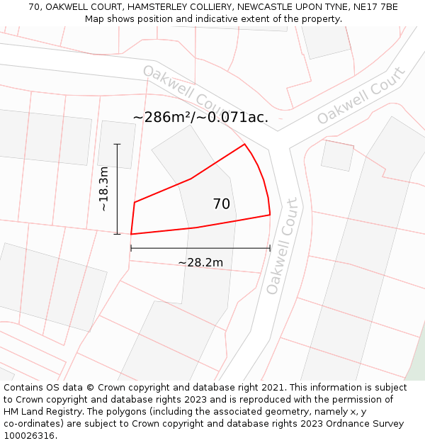 70, OAKWELL COURT, HAMSTERLEY COLLIERY, NEWCASTLE UPON TYNE, NE17 7BE: Plot and title map