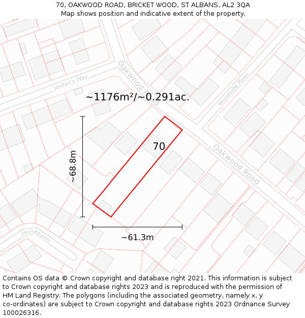 70, OAKWOOD ROAD, BRICKET WOOD, ST ALBANS, AL2 3QA: Plot and title map