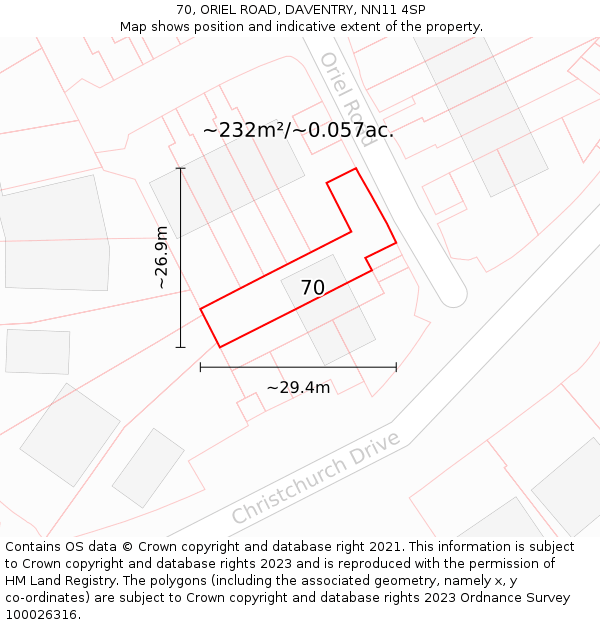 70, ORIEL ROAD, DAVENTRY, NN11 4SP: Plot and title map