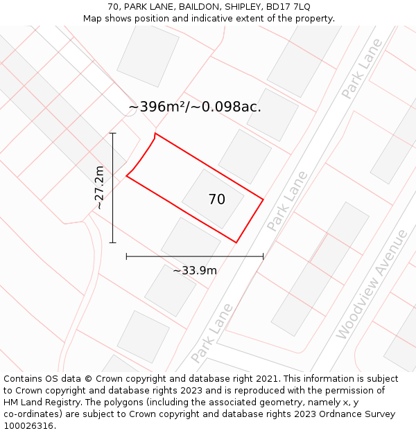 70, PARK LANE, BAILDON, SHIPLEY, BD17 7LQ: Plot and title map