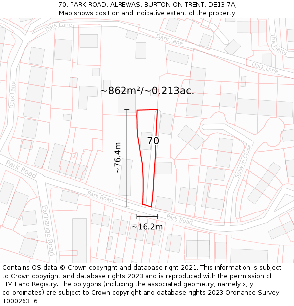 70, PARK ROAD, ALREWAS, BURTON-ON-TRENT, DE13 7AJ: Plot and title map