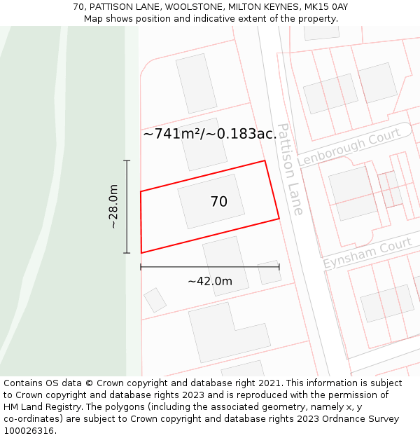 70, PATTISON LANE, WOOLSTONE, MILTON KEYNES, MK15 0AY: Plot and title map