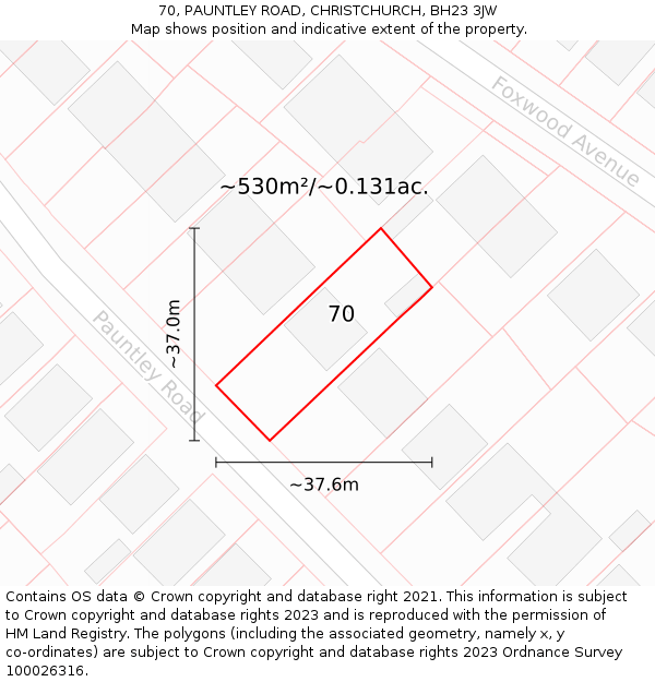 70, PAUNTLEY ROAD, CHRISTCHURCH, BH23 3JW: Plot and title map