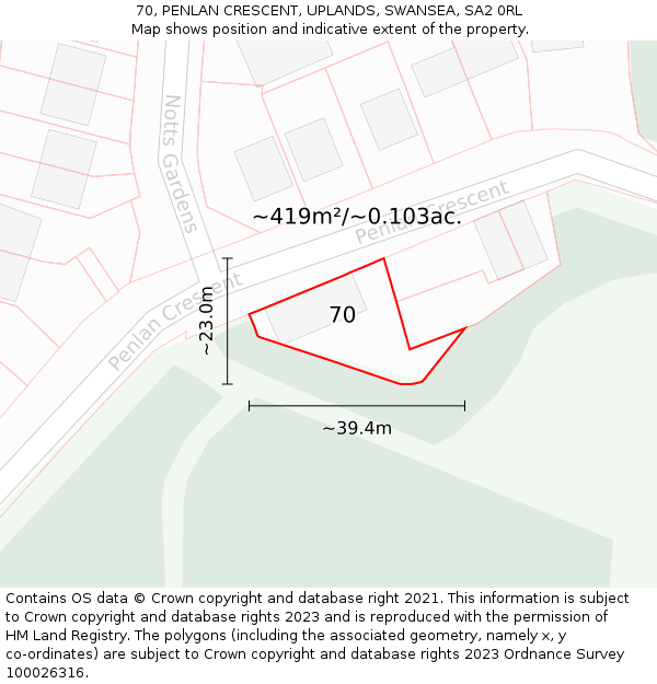 70, PENLAN CRESCENT, UPLANDS, SWANSEA, SA2 0RL: Plot and title map