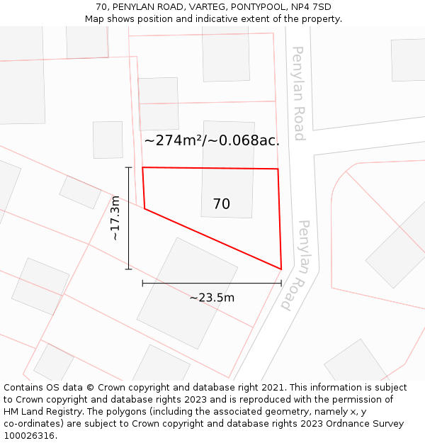 70, PENYLAN ROAD, VARTEG, PONTYPOOL, NP4 7SD: Plot and title map