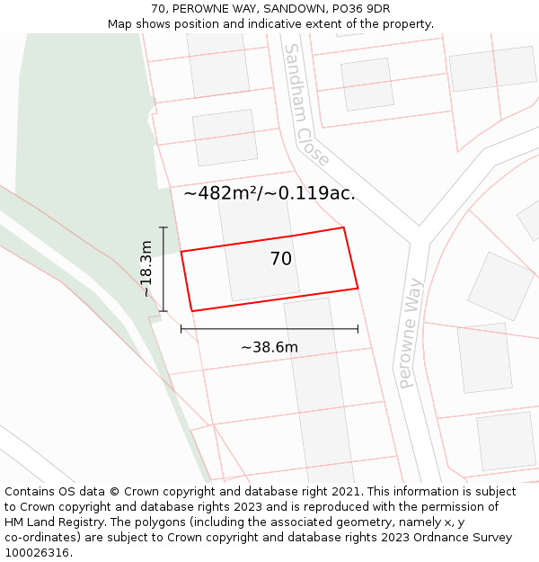 70, PEROWNE WAY, SANDOWN, PO36 9DR: Plot and title map