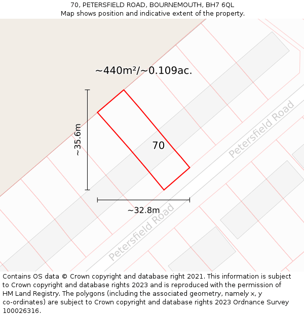 70, PETERSFIELD ROAD, BOURNEMOUTH, BH7 6QL: Plot and title map