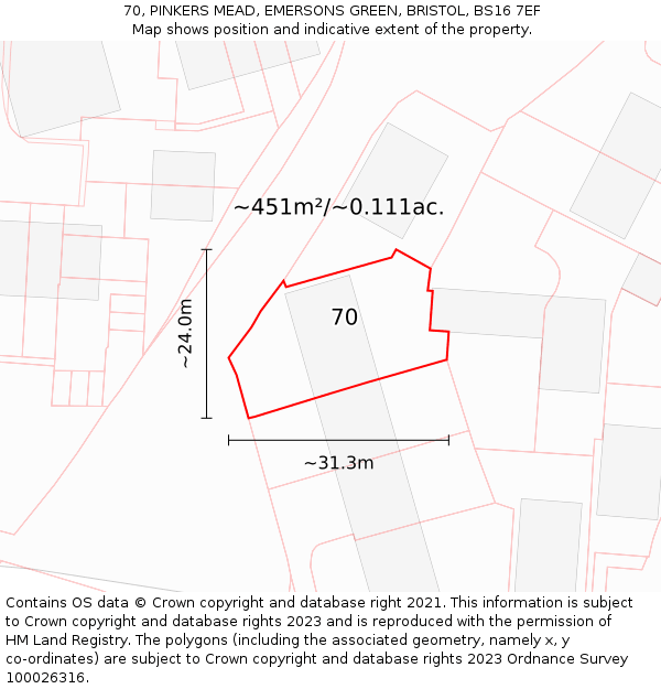 70, PINKERS MEAD, EMERSONS GREEN, BRISTOL, BS16 7EF: Plot and title map