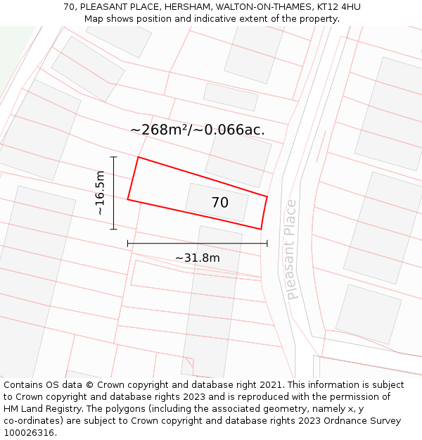 70, PLEASANT PLACE, HERSHAM, WALTON-ON-THAMES, KT12 4HU: Plot and title map