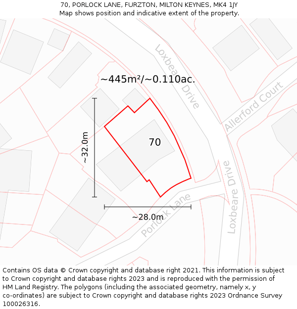 70, PORLOCK LANE, FURZTON, MILTON KEYNES, MK4 1JY: Plot and title map