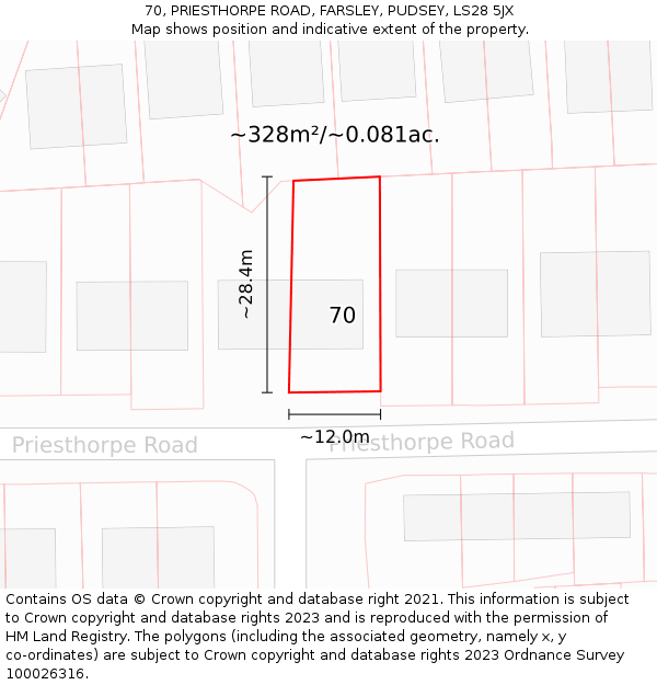 70, PRIESTHORPE ROAD, FARSLEY, PUDSEY, LS28 5JX: Plot and title map