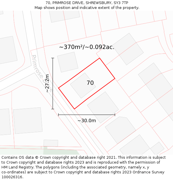 70, PRIMROSE DRIVE, SHREWSBURY, SY3 7TP: Plot and title map