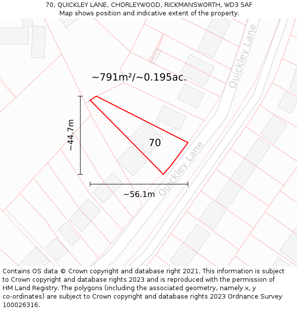 70, QUICKLEY LANE, CHORLEYWOOD, RICKMANSWORTH, WD3 5AF: Plot and title map