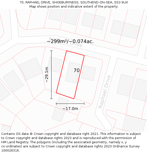 70, RAPHAEL DRIVE, SHOEBURYNESS, SOUTHEND-ON-SEA, SS3 9UX: Plot and title map