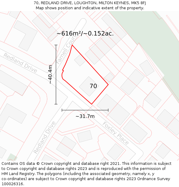 70, REDLAND DRIVE, LOUGHTON, MILTON KEYNES, MK5 8FJ: Plot and title map