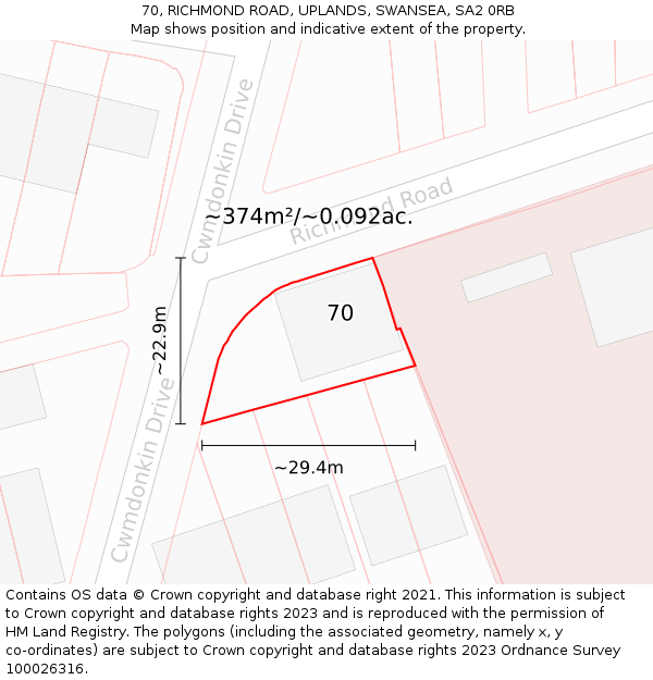 70, RICHMOND ROAD, UPLANDS, SWANSEA, SA2 0RB: Plot and title map