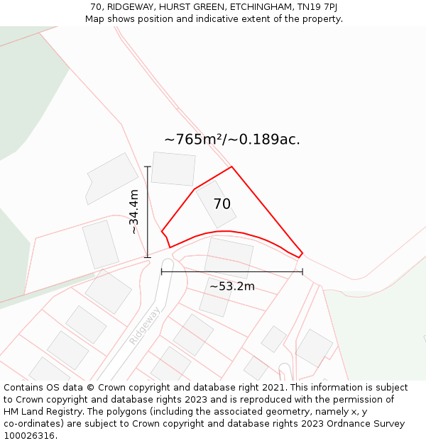 70, RIDGEWAY, HURST GREEN, ETCHINGHAM, TN19 7PJ: Plot and title map