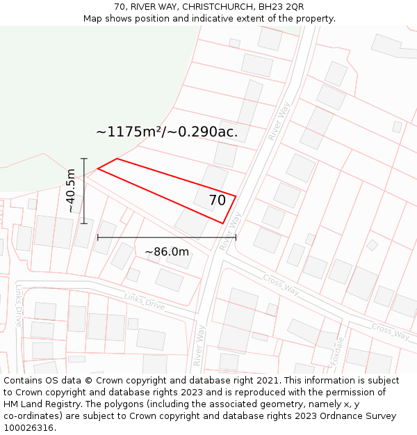 70, RIVER WAY, CHRISTCHURCH, BH23 2QR: Plot and title map