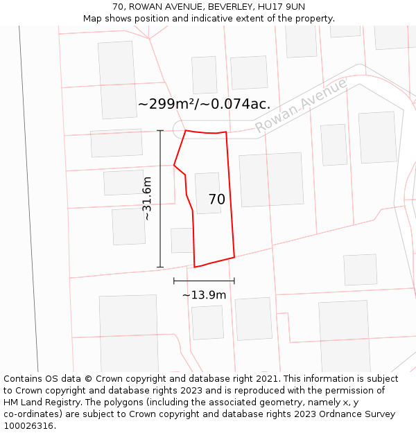 70, ROWAN AVENUE, BEVERLEY, HU17 9UN: Plot and title map