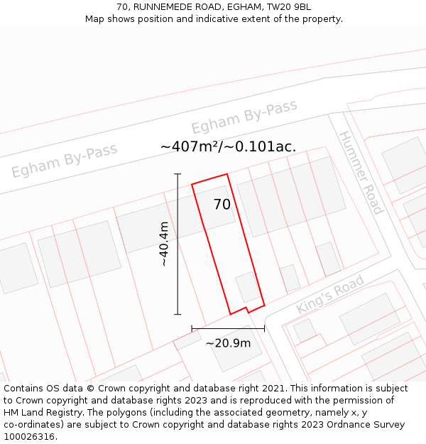 70, RUNNEMEDE ROAD, EGHAM, TW20 9BL: Plot and title map