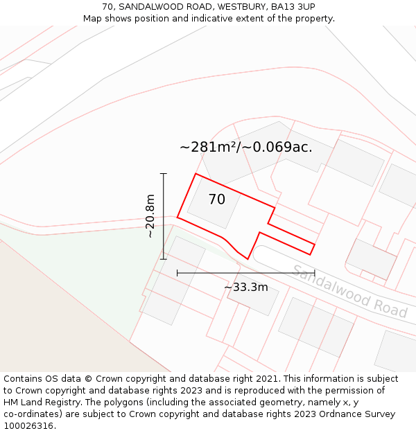 70, SANDALWOOD ROAD, WESTBURY, BA13 3UP: Plot and title map