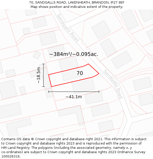 70, SANDGALLS ROAD, LAKENHEATH, BRANDON, IP27 9EF: Plot and title map