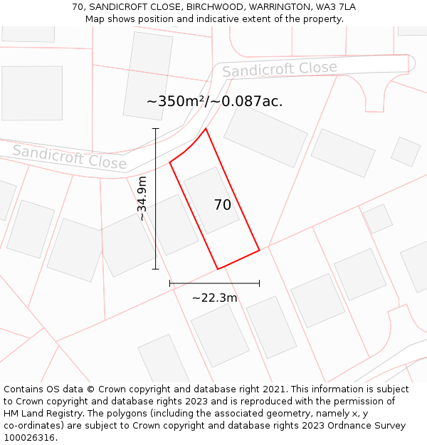 70, SANDICROFT CLOSE, BIRCHWOOD, WARRINGTON, WA3 7LA: Plot and title map