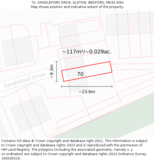 70, SANDLEFORD DRIVE, ELSTOW, BEDFORD, MK42 9GN: Plot and title map
