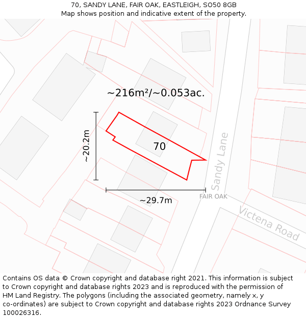 70, SANDY LANE, FAIR OAK, EASTLEIGH, SO50 8GB: Plot and title map