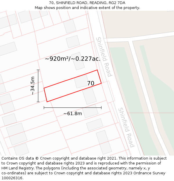 70, SHINFIELD ROAD, READING, RG2 7DA: Plot and title map