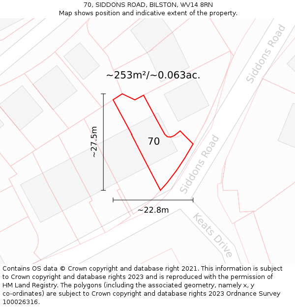 70, SIDDONS ROAD, BILSTON, WV14 8RN: Plot and title map