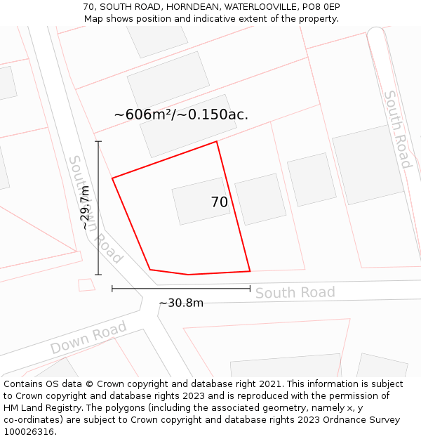 70, SOUTH ROAD, HORNDEAN, WATERLOOVILLE, PO8 0EP: Plot and title map