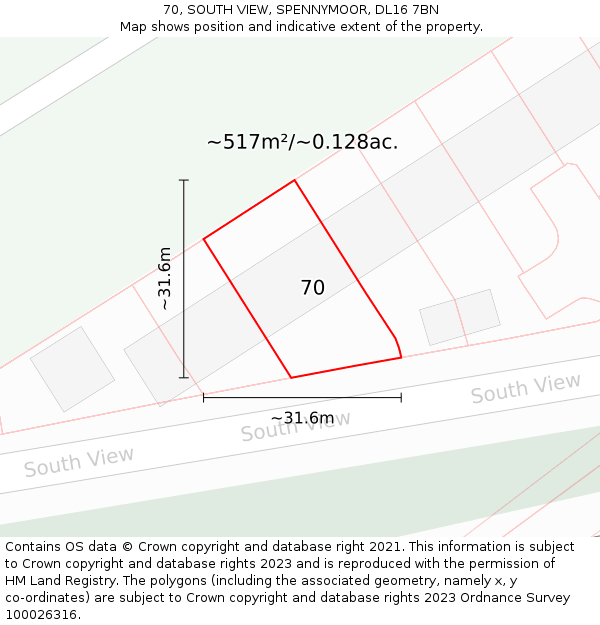 70, SOUTH VIEW, SPENNYMOOR, DL16 7BN: Plot and title map