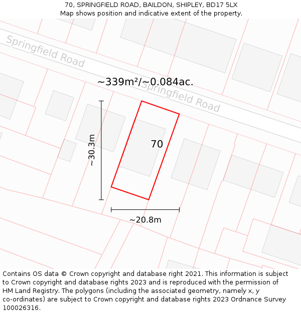 70, SPRINGFIELD ROAD, BAILDON, SHIPLEY, BD17 5LX: Plot and title map