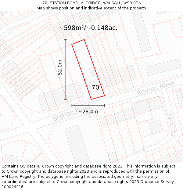 70, STATION ROAD, ALDRIDGE, WALSALL, WS9 0BN: Plot and title map