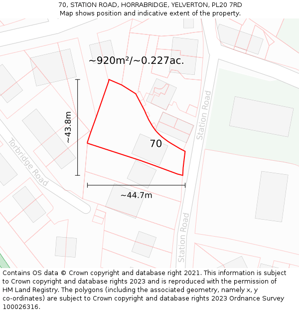 70, STATION ROAD, HORRABRIDGE, YELVERTON, PL20 7RD: Plot and title map
