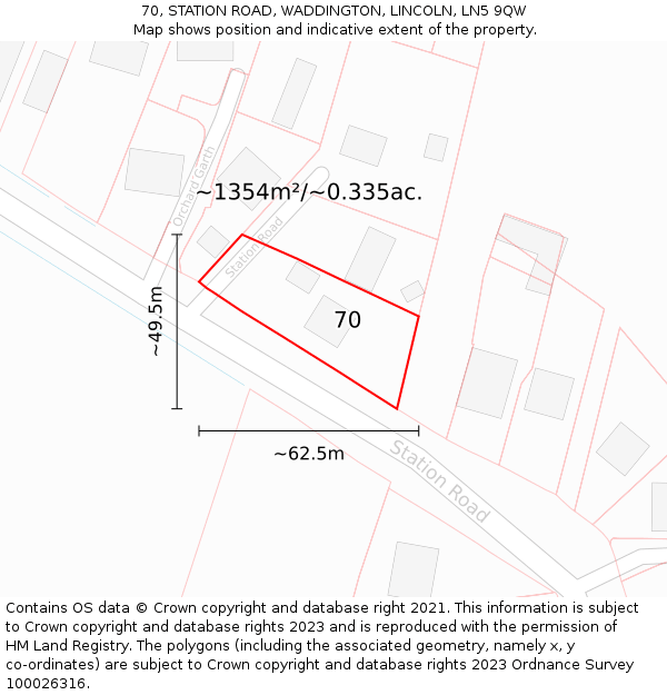 70, STATION ROAD, WADDINGTON, LINCOLN, LN5 9QW: Plot and title map