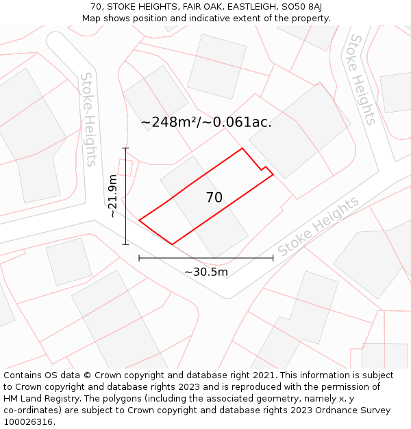 70, STOKE HEIGHTS, FAIR OAK, EASTLEIGH, SO50 8AJ: Plot and title map