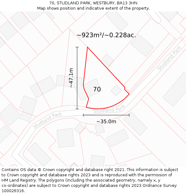 70, STUDLAND PARK, WESTBURY, BA13 3HN: Plot and title map