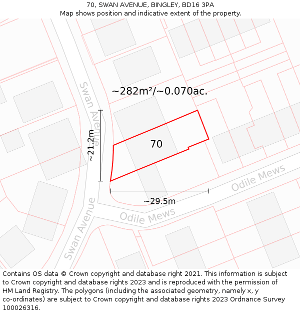 70, SWAN AVENUE, BINGLEY, BD16 3PA: Plot and title map