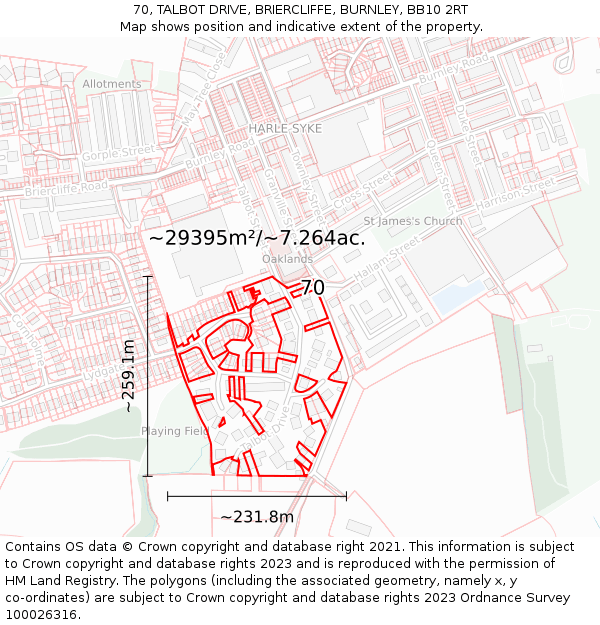 70, TALBOT DRIVE, BRIERCLIFFE, BURNLEY, BB10 2RT: Plot and title map