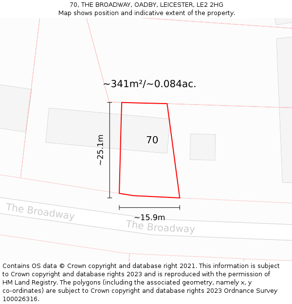 70, THE BROADWAY, OADBY, LEICESTER, LE2 2HG: Plot and title map