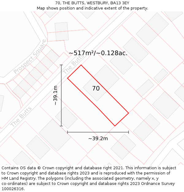 70, THE BUTTS, WESTBURY, BA13 3EY: Plot and title map